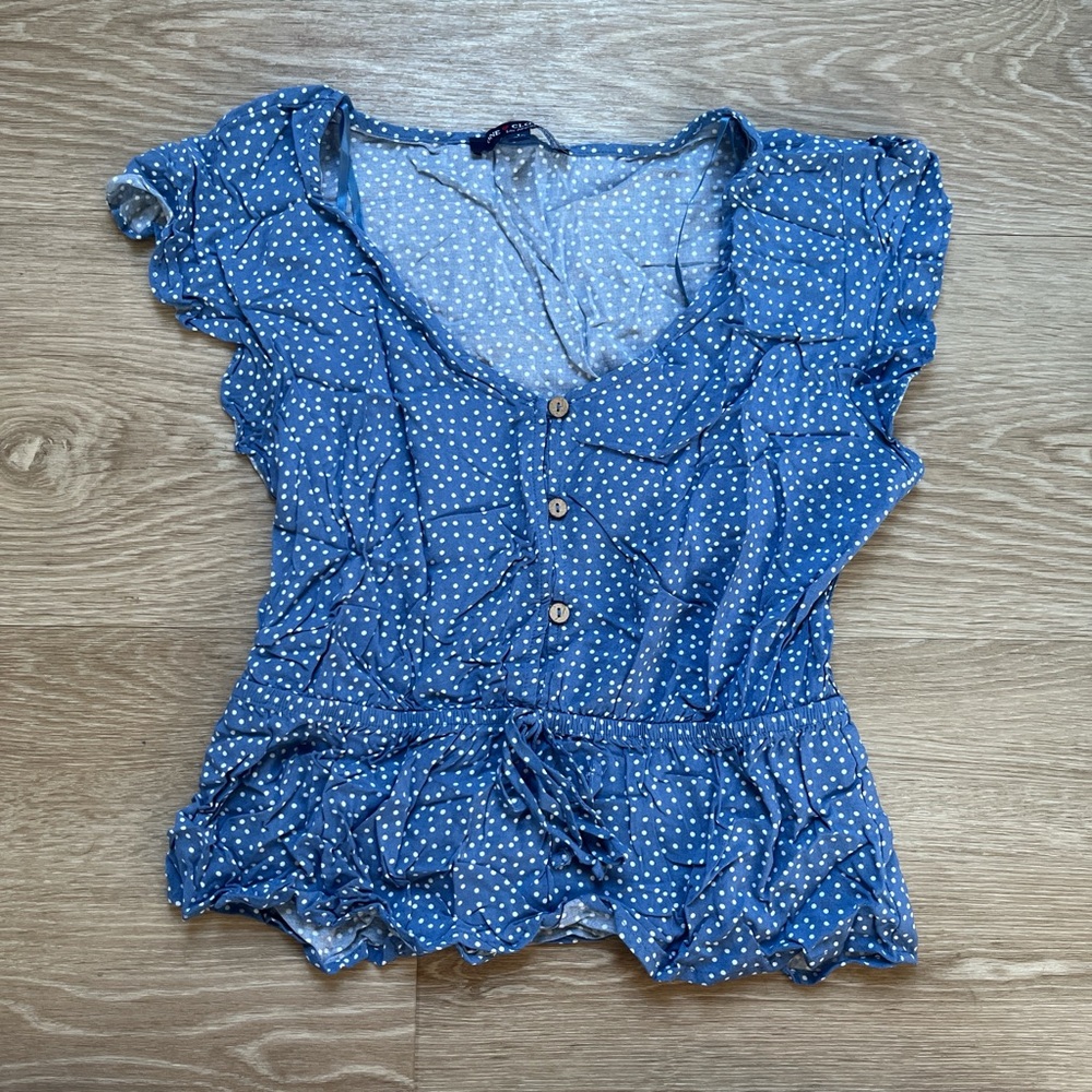 Blue Polka Dot Button-Up Blouse